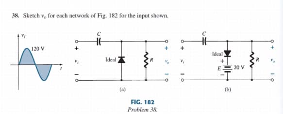 38. Sketch v, for each network of Fig. 182 for the input shown.
120 V
Ideal
Ideal
E
20 V
(a)
(b)
FIG. 182
Problem 38.
+
