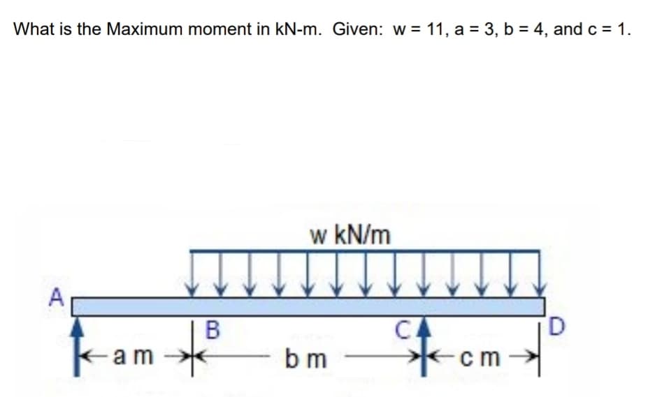 What is the Maximum moment in kN-m. Given: w = 11, a = 3, b = 4, and c = 1.
w kN/m
A
CA
-am
b m
-cm
B.
