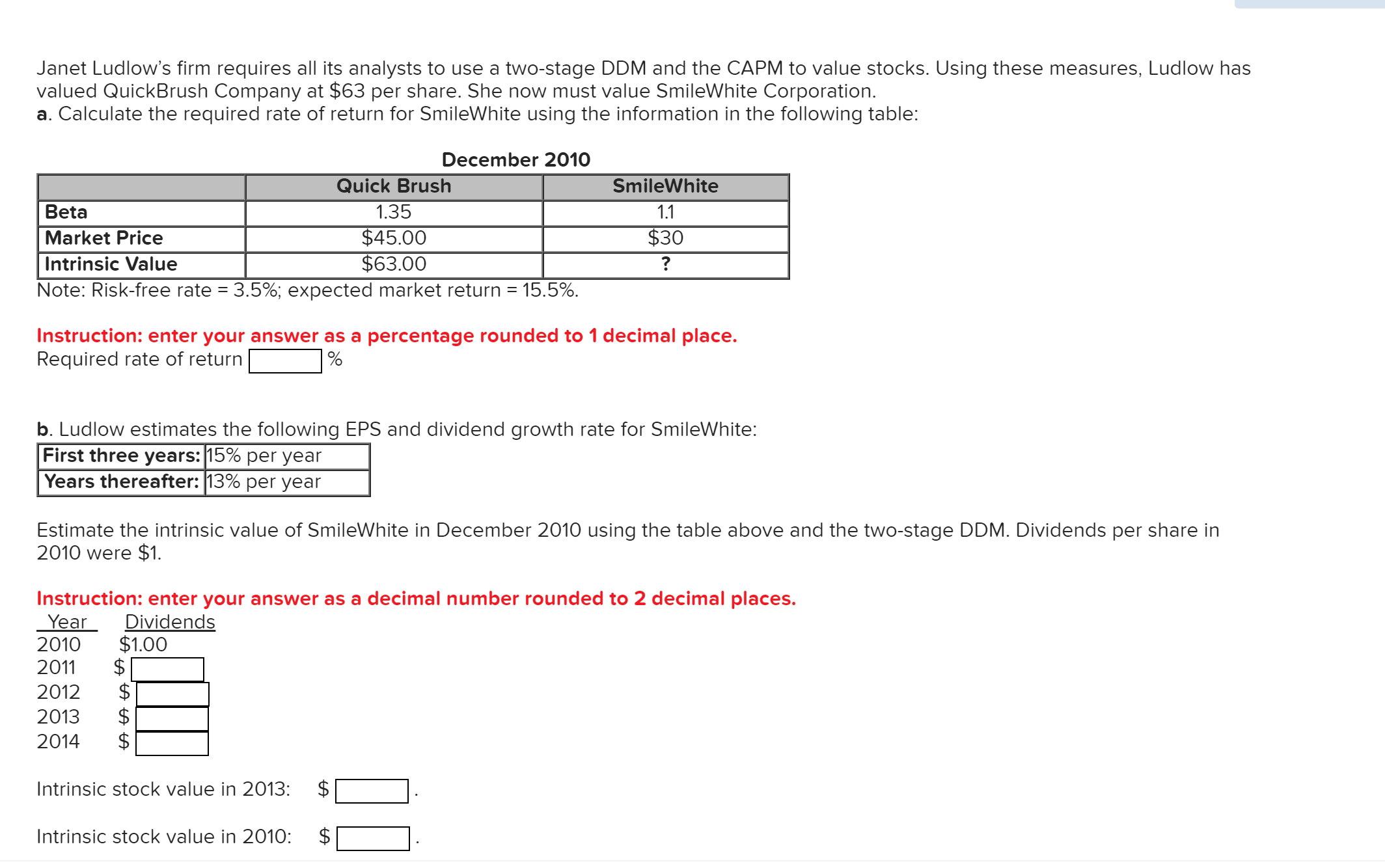 Janet Ludlow's firm requires all its analysts to use a two-stage DDM and the CAPM to value stocks. Using these measures, Ludlow has
valued QuickBrush Company at $63 per share. She now must value SmileWhite Corporation.
a. Calculate the required rate of return for SmileWhite using the information in the following table:
December 2010
Quick Brush
SmileWhite
1.35
Beta
1.1
$30
$45.00
$63.00
Market Price
Intrinsic Value
Note: Risk-free rate 3.5%; expected market return 15.5%.
Instruction: enter your answer as a percentage rounded to 1 decimal place.
Required rate of return
b. Ludlow estimates the following EPS and dividend growth rate for SmileWhite:
First three years: 15% per year
Years thereafter: 13% per year
Estimate the intrinsic value of SmileWhite in December 2010 using the table above and the two-stage DDM. Dividends per share in
2010 were $1.
Instruction: enter your answer as a decimal number rounded to 2 decimal places.
Year
2010
Dividends
$1.00
$
$
$
$
2011
2012
2013
2014
$
Intrinsic stock value in 2013:
$
Intrinsic stock value in 201O:
