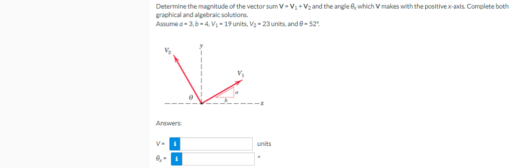 Determine the magnitude of the vector sum V = V1+V2 and the angle e, which V makes with the positive x-axis. Complete both
graphical and algebraic solutions.
Assume a = 3, b = 4, V1 = 19 units, V2 = 23 units, and e = 52°.
V2
Answers:
V= i
units
e, =
i
