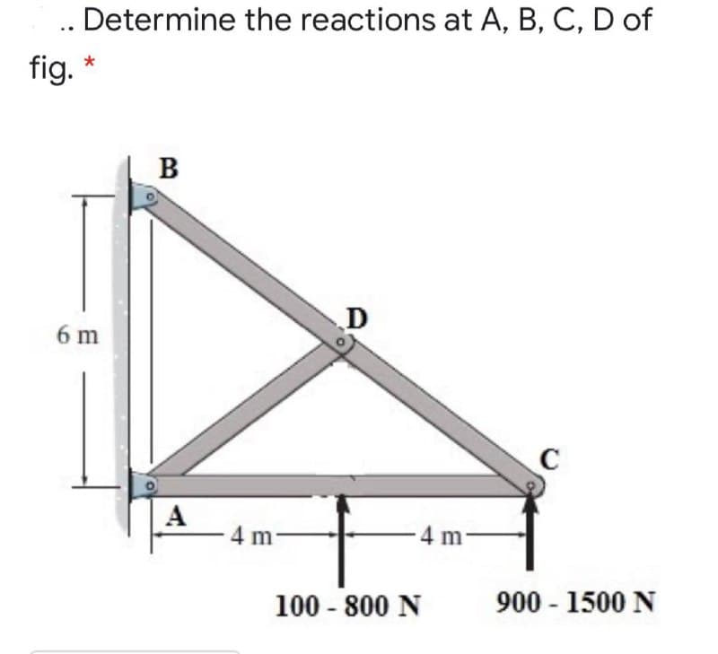 . Determine the reactions at A, B, C, D of
fig.
B
D
6 m
C
A
- 4 m
-4 m-
100 - 800 N
900 - 1500 N
