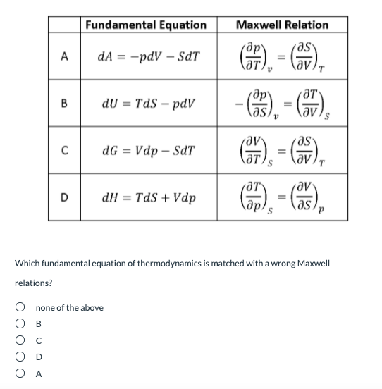 Fundamental Equation
Maxwell Relation
A
dA = -pdV – SdT
se
vớp
dU = TdS – pdV
%3D
as,
G, - ),
dG = Vdp – SdT
ƏT
D
dH = TdS + Vdp
Which fundamental equation of thermodynamics is matched with a wrong Maxwell
relations?
O none of the above
О в
Ос
O A
B.

