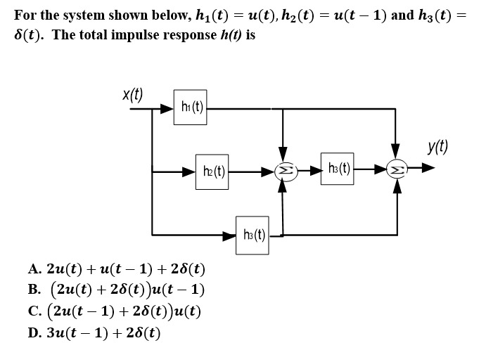 For the system shown below, h1(t) = u(t), h2(t) = u(t – 1) and h3(t)
8(t). The total impulse response h(t) is
X(t)
hi (t)
y(t)
he(t)
h3(t)
Σ
h3 (t)
А. 2u(t) + u(t — 1) + 26(t)
В. (2и(t) + 26(0)u(t - 1)
C. (2u(t – 1) + 28(t))u(t)
D. Зи(t — 1) + 26(t)
-
