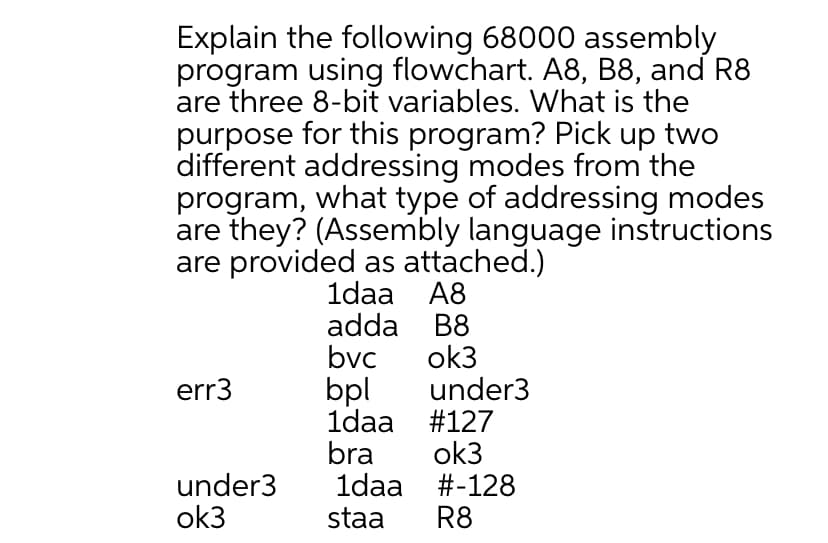 Explain the following 68000 assembly
program using flowchart. A8, B8, and R8
are three 8-bit variables. What is the
purpose for this program? Pick up two
different addressing modes from the
program, what type of addressing modes
are they? (Assembly language instructions
are provided as attached.)
1daa A8
adda B8
ok3
under3
1daa #127
ok3
1daa #-128
R8
bvc
err3
bpl
bra
under3
ok3
staa
