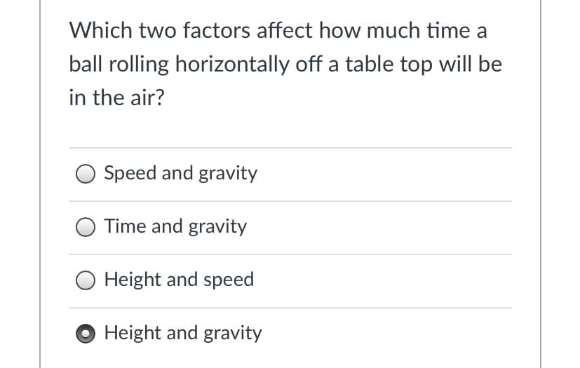 Which two factors affect how much time a
ball rolling horizontally off a table top will be
in the air?
Speed and gravity
Time and gravity
Height and speed
Height and gravity
