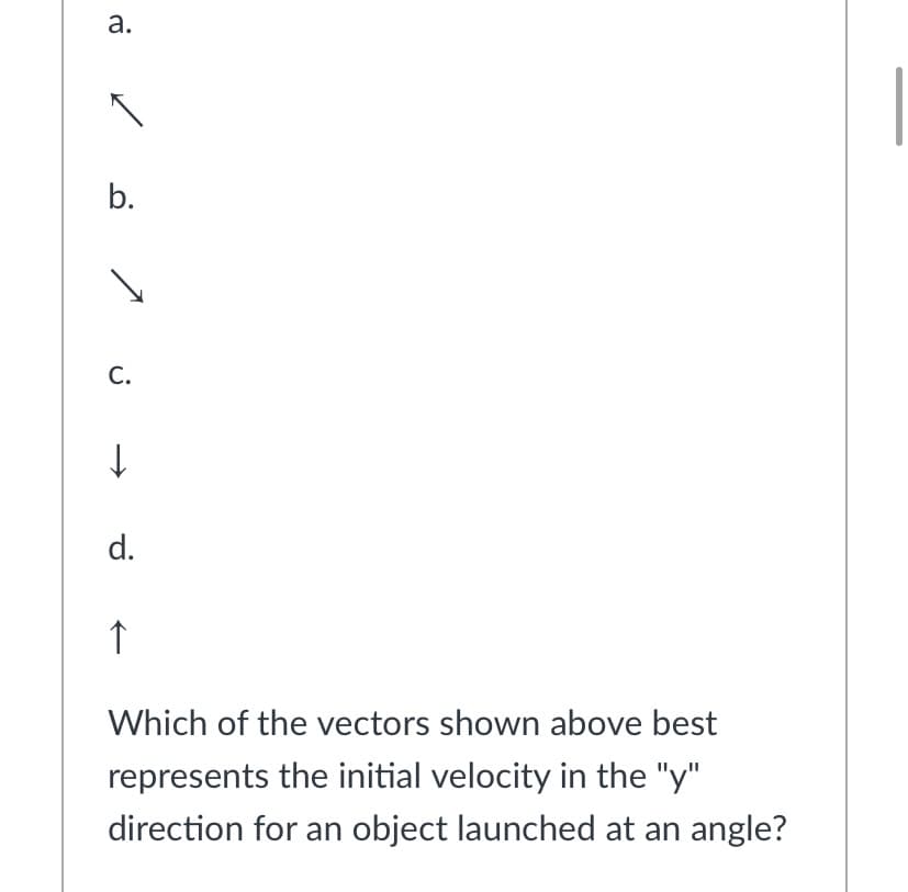 a.
b.
С.
d.
Which of the vectors shown above best
represents the initial velocity in the "y"
direction for an object launched at an angle?
