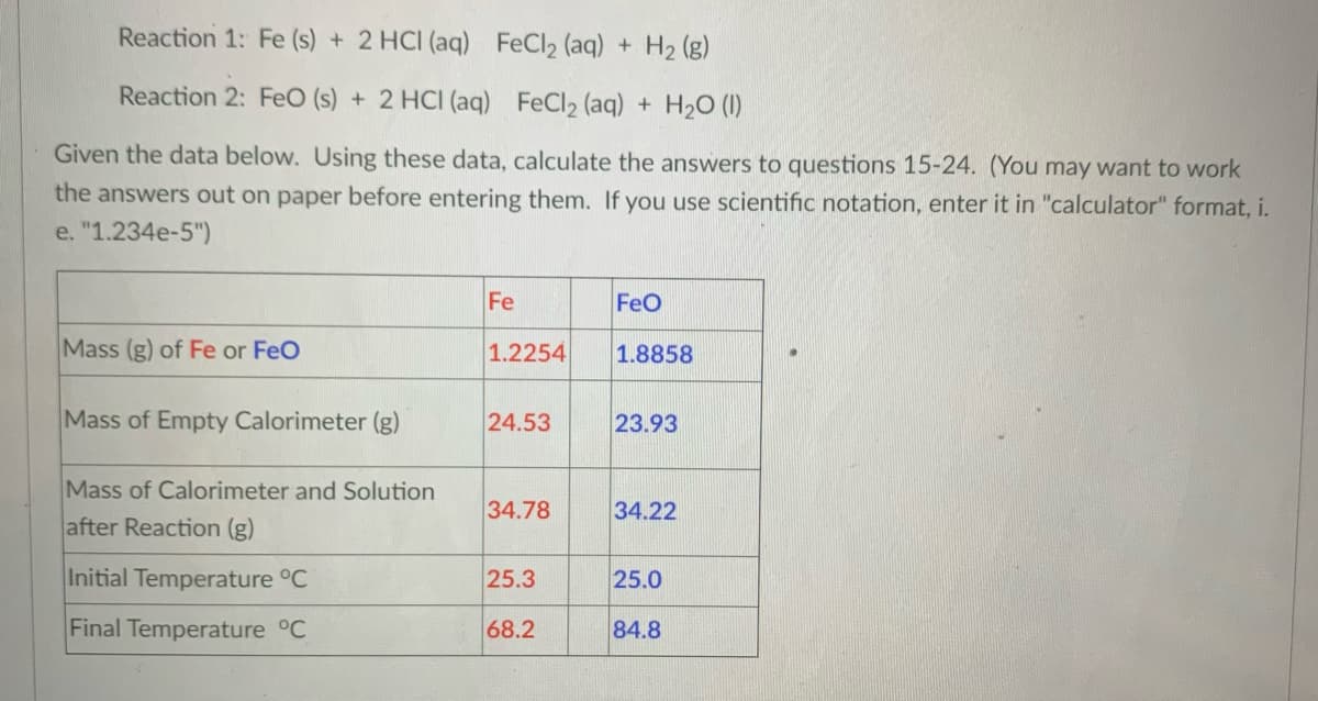 Reaction 1: Fe (s) + 2 HCI (aq) FeCl2 (aq) + H2 (g)
Reaction 2: FeO (s) + 2 HCI (aq) FeCl2 (aq) + H20 (1)
Given the data below. Using these data, calculate the answers to questions 15-24. (You may want to work
the answers out on paper before entering them. If you use scientific notation, enter it in "calculator" format, i.
e. "1.234e-5")
Fe
FeO
Mass (g) of Fe or FeO
1.2254
1.8858
Mass of Empty Calorimeter (g)
24.53
23.93
Mass of Calorimeter and Solution
34.78
34.22
after Reaction (g)
Initial Temperature °C
25.3
25.0
Final Temperature °C
68.2
84.8
