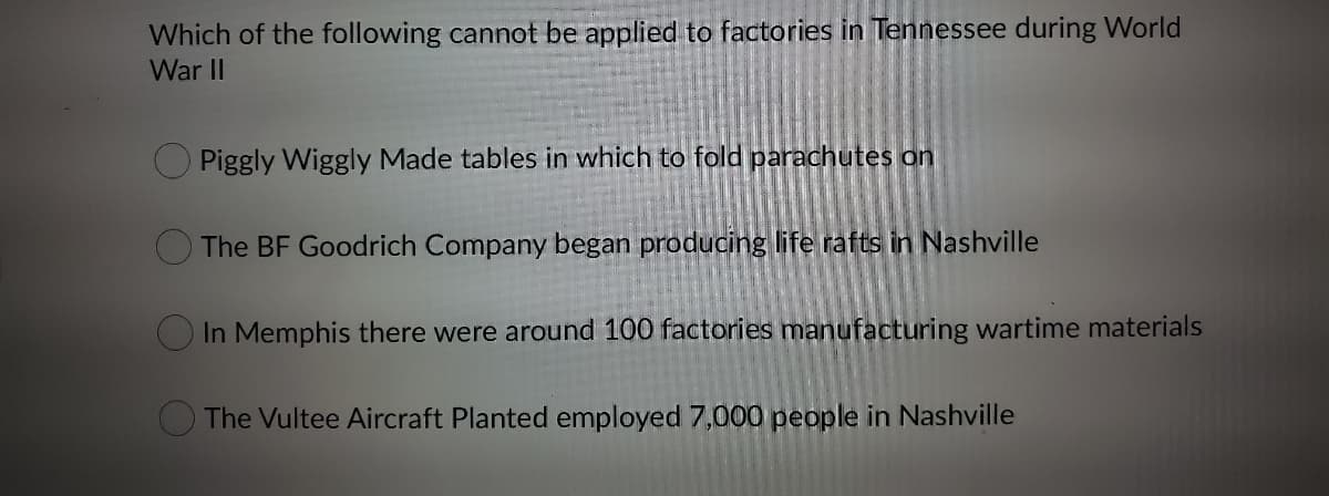 Which of the following cannot be applied to factories in Tennessee during World
War II
Piggly Wiggly Made tables in which to fold parachutes on
O The BF Goodrich Company began producing life rafts in Nashville
O In Memphis there were around 100 factories manufacturing wartime materials
The Vultee Aircraft Planted employed 7,000 people in Nashville
