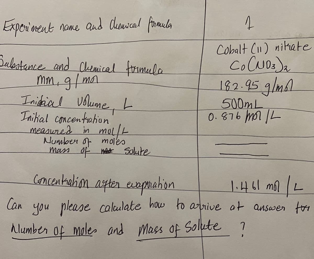 Experiment nome
and Chewical firmula
Cobalt C1) nitrate
Dulestance and
Clemical rimula
mm,9/mn
9/ml
182.95
500mL
0.876 mor L
Uolume L
Initial concentrahion
measured in molt
Number of moles
mass of nat
Inidrial
牛
Solute
concentrahion after evepmahion
wephehion
how to atrive at answer toi
1.461mlL
Can
you please calulate
Alumber Of moles te
and Mass of Solut
