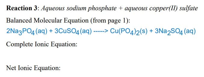 Reaction 3: Aqueous sodium phosphate + aqueous copper(II) sulfate
Balanced Molecular Equation (from page 1):
2Na3PO4 (aq) + 3CuSO4 (aq) -----> Cu(PO4)2(s) + 3Na2SO4 (aq)
Complete Ionic Equation:
Net Ionic Equation: