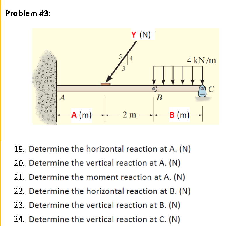 Problem #3:
Y (N)
5/4
4 kN/m
3
A
В
-A (m)-
2 m
в (m)-
19. Determine the horizontal reaction at A. (N)
20. Determine the vertical reaction at A. (N)
21. Determine the moment reaction at A. (N)
22. Determine the horizontal reaction at B. (N)
23. Determine the vertical reaction at B. (N)
24. Determine the vertical reaction at C. (N)
