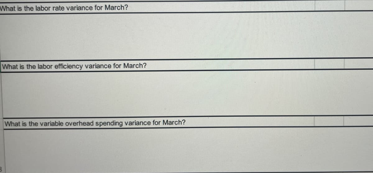 What is the labor rate variance for March?
What is the labor efficiency variance for March?
What is the variable overhead spending variance for March?
