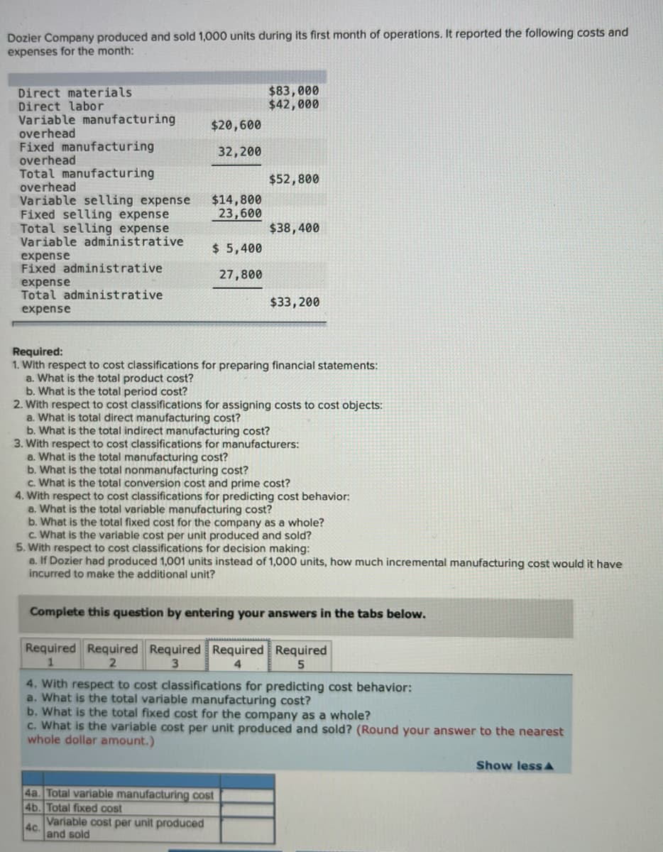 Dozier Company produced and sold 1,000 units during its first month of operations. It reported the following costs and
expenses for the month:
$83,000
$42,000
Direct materials
Direct labor
Variable manufacturing
overhead
Fixed manufacturing
overhead
Total manufacturing
overhead
Variable selling expense
Fixed selling expense
Total selling expense
Variable administrative
$20,600
32,200
$52,800
$14,800
23,600
$38,400
$ 5,400
expense
Fixed administrative
expense
Total administrative
27,800
$33,200
expense
Required:
1. With respect to cost classifications for preparing financial statements:
a. What is the total product cost?
b. What is the total period cost?
2. With respect to cost classifications for assigning costs to cost objects:
a. What is total direct manufacturing cost?
b. What is the total indirect manufacturing cost?
3. With respect to cost classifications for manufacturers:
a. What is the total manufacturing cost?
b. What is the total nonmanufacturing cost?
c. What is the total conversion cost and prime cost?
4. With respect to cost classifications for predicting cost behavior:
a. What is the total variable manufacturing cost?
b. What is the total fixed cost for the company as a whole?
c. What is the variable cost per unit produced and sold?
5. With respect to cost classifications for decision making:
a. If Dozier had produced 1,001 units instead of 1,000 units, how much incremental manufacturing cost would it have
incurred to make the additional unit?
Complete this question by entering your answers in the tabs below.
Required Required Required Required Required
3.
5
4. With respect to cost classifications for predicting cost behavior:
a. What is the total variable manufacturing cost?
b. What is the total fixed cost for the company as a whole?
c. What is the variable cost per unit produced and sold? (Round your answer to the nearest
whole dollar amount.)
Show less A
4a. Total variable manufacturing cost
4b. Total fixed cost
Variable cost per unit produced
4c.
and sold
