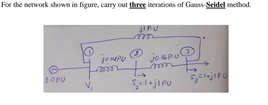 For the network shown in figure, carry out three iterations of Gauss-Seidel method.
reee
3
jo-16 P.U
1.
S= 1+jI PU
1.0P.U
