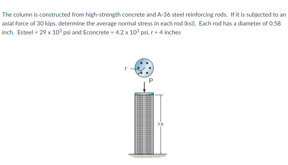 The column is constructed from high-strength concrete and A-36 steel reinforcing rods. If it is subjected to an
axial force of 30 kips, determine the average normal stress in each rod (ksi). Each rod has a diameter of 0.58
inch. Esteel = 29 x 103 psi and Econcrete = 4.2 x 103 psi, r = 4 inches
3 ft
