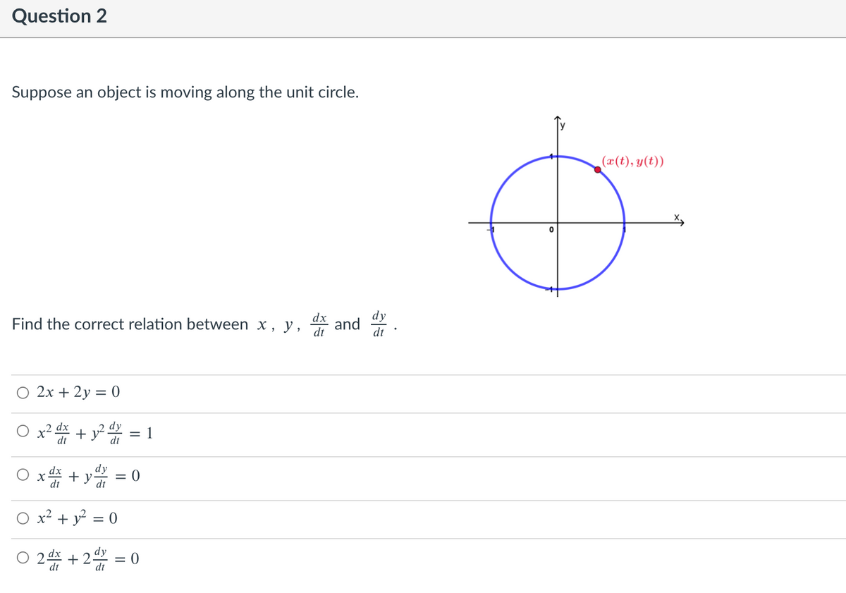 Question 2
Suppose an object is moving along the unit circle.
(x(t), y(t))
dx
Find the correct relation between x , y,
dy
and
dt
dt
2х + 2у 3D 0
+ y²
1
+y = 0
dt
x² + y? = 0
O 24 + 2 = 0
dt
dt
