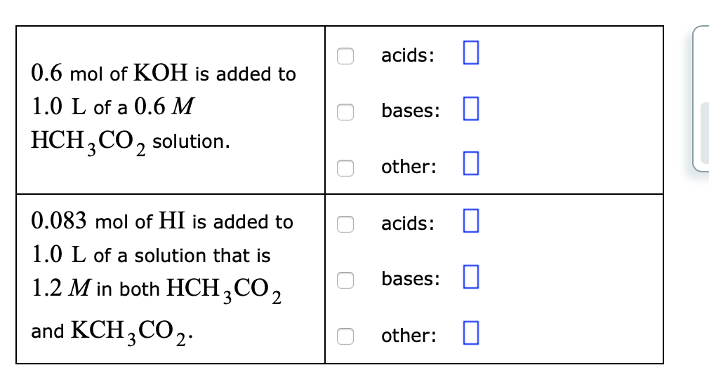 acids:
0.6 mol of KOH is added to
1.0 L of a 0.6 M
bases:
HCH,CO, solution.
other:
0.083 mol of HI is added to
acids:
1.0 L of a solution that is
bases:
1.2 M in both HCH,CO2
and KCH,CO2.
other:
