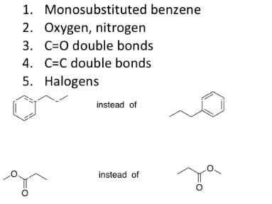 1. Monosubstituted benzene
2. Oxygen, nitrogen
3. C=0 double bonds
4. C=C double bonds
5. Halogens
instead of
instead of
