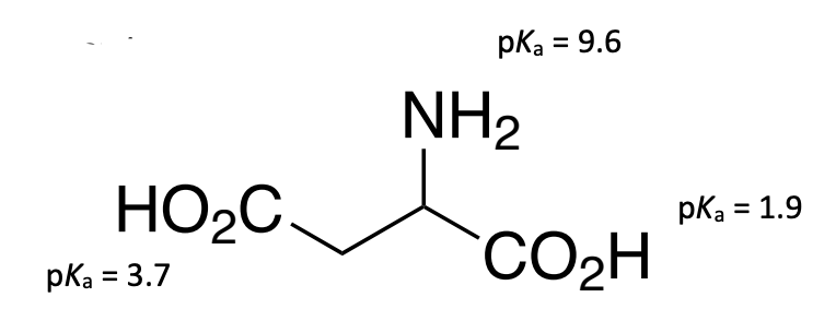 pka = 9.6
NH2
HO2C.
pka = 1.9
%3D
CO2H
pka = 3.7
