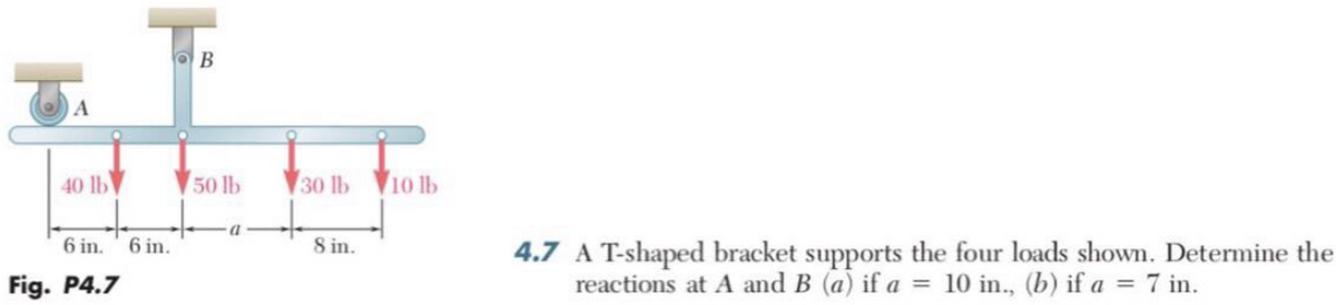 40 lb
50 lb
30 lb 10 lb
6 in.
6 in.
8 in.
4.7 A T-shaped bracket supports the four loads shown. Determine the
reactions at A and B (a) if a = 10 in., (b) if a = 7 in.
Fig. P4.7
