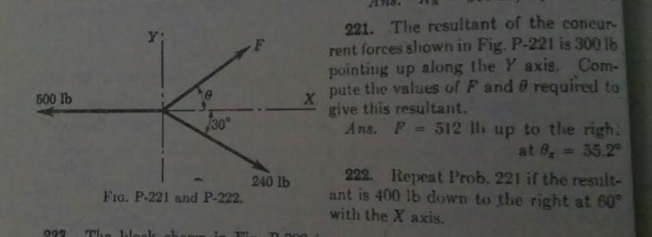 221. The resultant of the concur-
rent forces shown in Fig. P-221 is 300 lb
pointing up along the Y axis, Com-
pute the values of F and 0 required to
give this resultant.
Ans. F= 512 ll up to the righ:
500 lb
30°
at 8, = 35.2
222. Repeat Prob. 221 if the result-
ant is 400 lb down to the right at 60
with the X axis.
240 lb
FIG. P-221 and P-222.
992
The bloo
