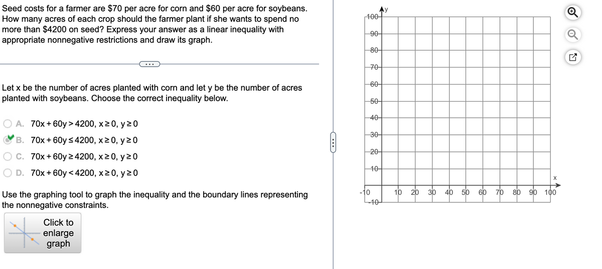 Seed costs for a farmer are $70 per acre for corn and $60 per acre for soybeans.
How many acres of each crop should the farmer plant if she wants to spend no
more than $4200 on seed? Express your answer as a linear inequality with
appropriate nonnegative restrictions and draw its graph.
Let x be the number of acres planted with corn and let y be the number of acres
planted with soybeans. Choose the correct inequality below.
A. 70x + 60y> 4200, x ≥ 0, y 20
B. 70x+60y≤ 4200, x ≥ 0, y 20
C. 70x+60y ≥ 4200, x ≥ 0, y 20
D. 70x+60y <4200, x ≥ 0, y 20
Use the graphing tool to graph the inequality and the boundary lines representing
the nonnegative constraints.
Click to
enlarge
graph
100
Ay
90-
80-
70
60-
50-
40-
30
10-
-10
-10-
10 20
30 40 50
60
70
80
X
90 100
o