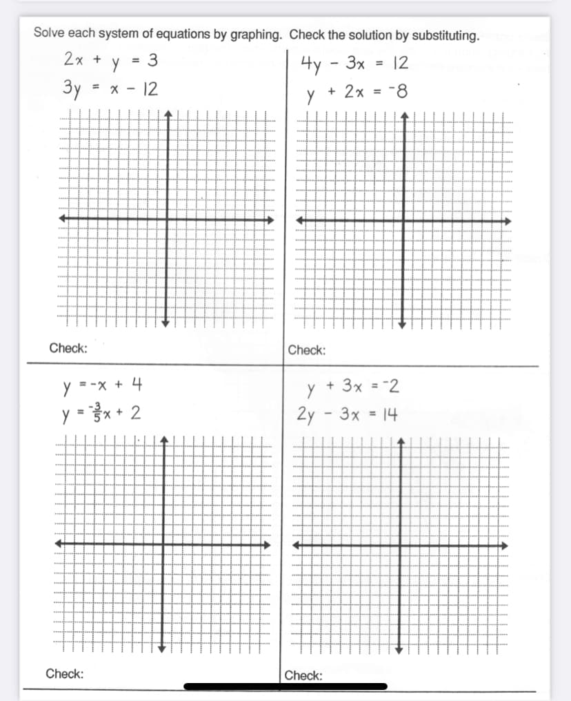 Solve each system of equations by graphing. Check the solution by substituting.
2x +
4y
3x
12
3y
12
= X -
+ 2x = -8
Check:
Check:
y = -x + 4
+ 3x = -2
y = x + 2
3x = 14
Check:
Check:
2,
