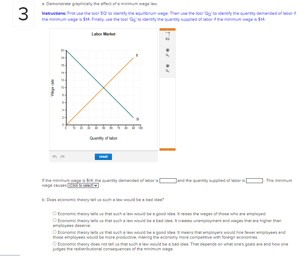 a. Demonstrate graphically the effect of a minimum wage law.
3
Instructions: First use the tool 'EQ' to identify the equilibrium wage. Then use the tool 'Qp' to identify the quantity demanded of labor if
the minimum wage is $14. Finally, use the tool 'Qg' to identify the quantity supplied of labor if the minimum wage is $14.
20
14-
12-
10-
8-
4-
2-
Labor Market
50 60 70
Quantity of labor
reset
D
100
If the minimum wage is $14, the quantity demanded of labor is
wage causes (Click to select)
b. Does economic theory tell us such a law would be a bad idea?
EQ
and the quantity supplied of labor is
This minimum.
O Economic theory tells us that such a law would be a good idea. It raises the wages of those who are employed.
O Economic theory tells us that such a law would be a bad idea. It creates unemployment and wages that are higher than
employees deserve.
O Economic theory tells us that such a law would be a good idea. It means that employers would hire fewer employees and
those employees would be more productive, making the economy more competitive with foreign economies.
O Economic theory does not tell us that such a law would be a bad idea. That depends on what one's goals are and how one
judges the redistributional consequences of the minimum wage.