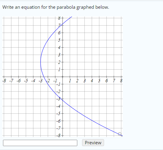 Write an equation for the parabola graphed below.
5
4
-8 -7 -6 -5 -4 -3 2 -1
1 2 3
5 6 7 8
-2-
-4-
-5
-6-
-7
-8+
Preview
6.
