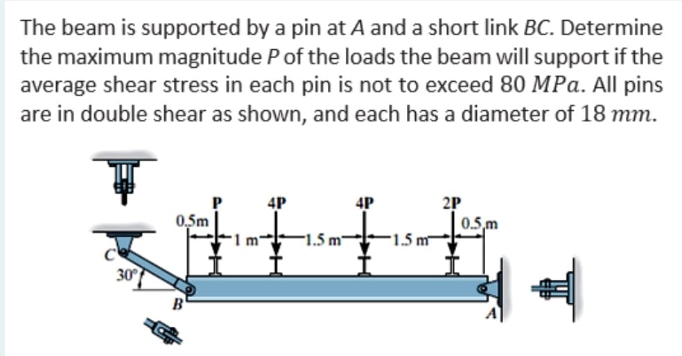 The beam is supported by a pin at A and a short link BC. Determine
the maximum magnitude P of the loads the beam will support if the
average shear stress in each pin is not to exceed 80 MPa. All pins
are in double shear as shown, and each has a diameter of 18 mm.
4P
4P
2P
0.5 m
0,5m
1 m'
1.5 m
1.5 m
30°
