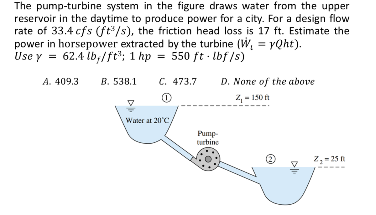 The pump-turbine system in the figure draws water from the upper
reservoir in the daytime to produce power for a city. For a design flow
rate of 33.4 cfs (ft³/s), the friction head loss is 17 ft. Estimate the
power in horsepower extracted by the turbine (W₁ = yQht).
Use y = 62.4 lbf/ft³; 1 hp 550 ft·lbf/s)
A. 409.3
B. 538.1
=
C. 473.7
1
Water at 20°C,
Pump-
turbine
D. None of the above
Z₁ = = 150 ft
Dll.
Z₂ = 25 ft
2
