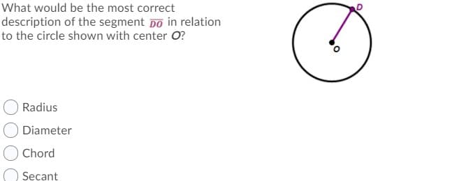 What would be the most correct
description of the segment Do in relation
to the circle shown with center O?
Radius
Diameter
Chord
Secant
