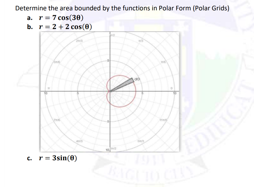 IGLIO CHY
Determine the area bounded by the functions in Polar Form (Polar Grids)
а. r%3D 7 сos(30)
b. r = 2 + 2 cos(0)
21/3
de
10
10
116
DIIC
10m2
= 3sin(0)
с.
