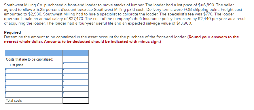 Southwest Milling Co. purchased a front-end loader to move stacks of lumber. The loader had a list price of $116,890. The seller
agreed to allow a 5.25 percent discount because Southwest Milling paid cash. Delivery terms were FOB shipping point. Freight cost
amounted to $2,930. Southwest Milling had to hire a specialist to calibrate the loader. The specialist's fee was $770. The loader
operator is paid an annual salary of $27,470. The cost of the company's theft insurance policy increased by $2,440 per year as a result
of acquiring the loader. The loader had a four-year useful life and an expected salvage value of $13,900.
Required
Determine the amount to be capitalized in the asset account for the purchase of the front-end loader. (Round your answers to the
nearest whole dollar. Amounts to be deducted should be indicated with minus sign.)
Costs that are to be capitalized:
List price
Total costs