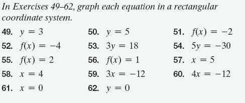 In Exercises 49-62, graph each equation in a rectangular
coordinate system.
49. y = 3
50. y = 5
51. f(x) = -2
52. f(x) = -4
53. Зу %3D 18
54. 5y = -30
55. f(x) = 2
58. х 3D 4
56. f(x) = 1
57. x = 5
59. 3x = -12
60. 4х
- 12
61. х %3D0
62. y = 0
