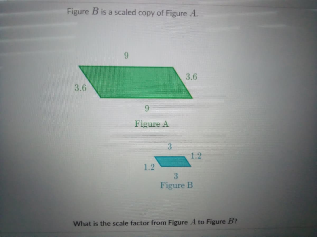 Figure B is a scaled copy of Figure A.
3.6
3.6
9.
Figure A
1.2
1.2
Figure B
What is the scale factor from Figure A to Figure B?
