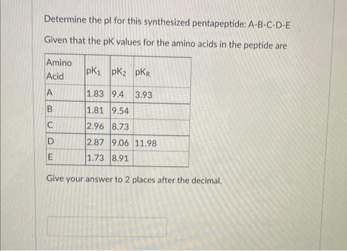 Determine the pl for this synthesized pentapeptide: A-B-C-D-E
Given that the pK values for the amino acids in the peptide are
Amino
pK1 pK2 pKR
Acid
A
1.83 9.4
3.93
1.81 9.54
2.96 8.73
D.
2.87 9.06 11.98
1.73 8.91
Give your answer to 2 places after the decimal.
