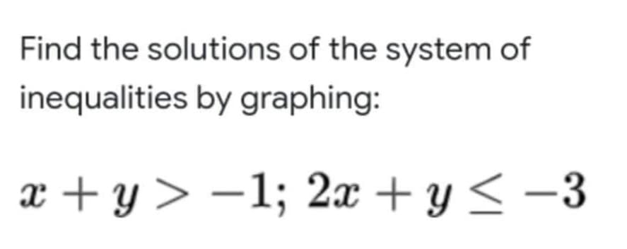 Find the solutions of the system of
inequalities by graphing:
x + y > –1; 2x + y < -3
