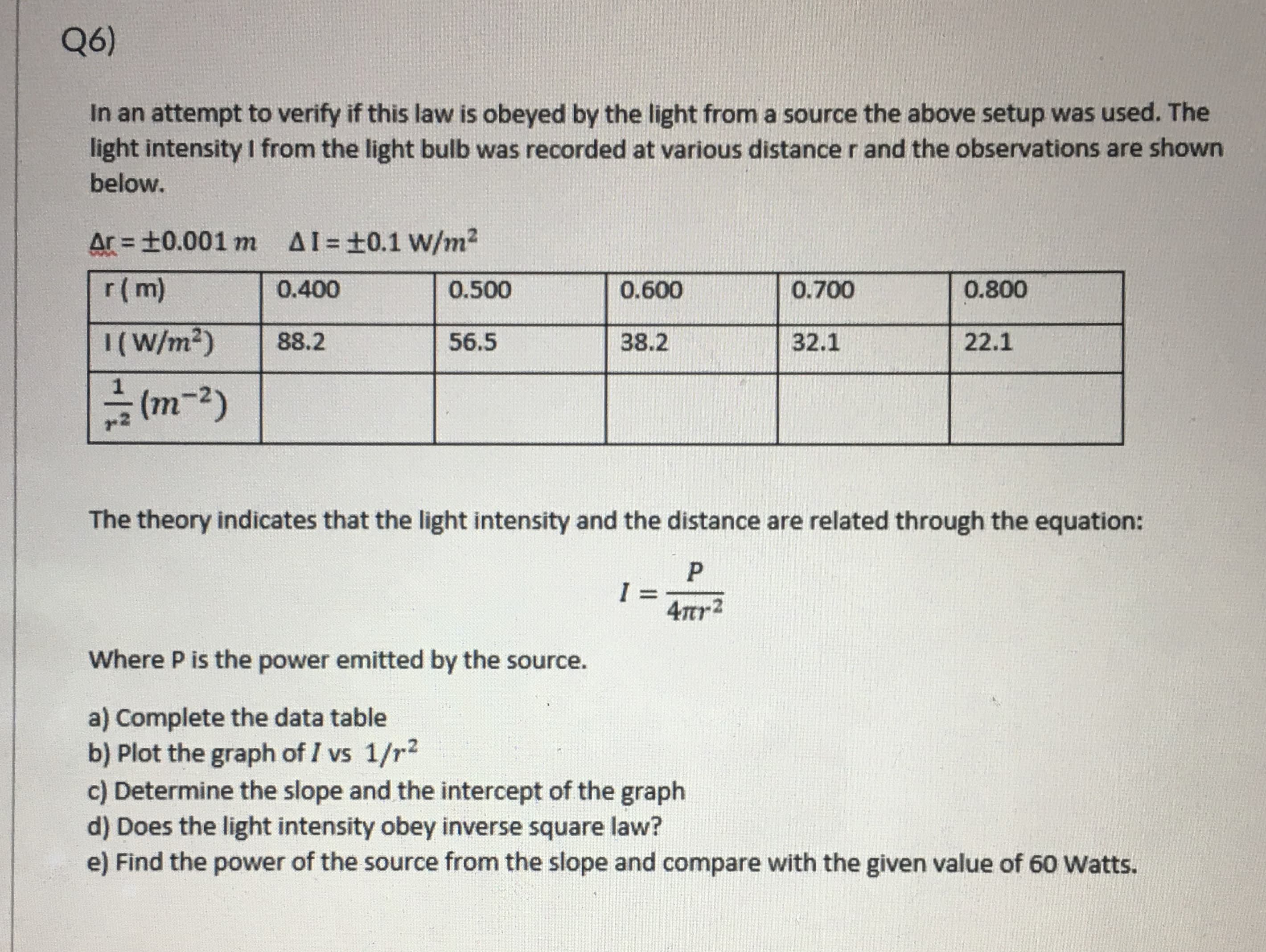 r(m)
0.400
0.500
0.600
0.700
0.800
|(W/m²)
88.2
56.5
38.2
32.1
22.1
(m-2)
The theory indicates that the light intensity and the distance are related through the equation:
4tr2
Where P is the power emitted by the source.
a) Complete the data table
b) Plot the graph of I vs 1/r2
c) Determine the slope and the intercept of the graph
