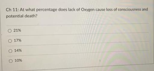Ch 11: At what percentage does lack of Oxygen cause loss of consciousness and
potential death?
21%
17%
14%
10%
