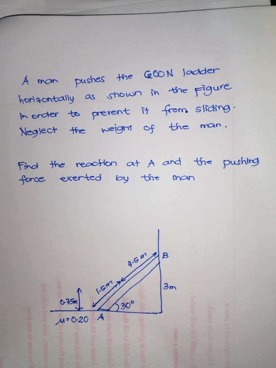 A man
pushes the C0ON Jadder
shown in the Figure
in order to prevent it from sliding.
horizontally as
Neglect the
weight of
the
man.
Find
the reaction at A and
the pushing
force
exerted
by the
man
4.5m
S-Sm
3m
330°
M= 0-20 A
lotew good oaty
Isesso lliw slil litau ovi
am sanint
dgil daiwoly ei tea
18pds ilit ot blel ad
e nim lo uodal
toM bos smod
O m basl o
nenblido bus oliw.cdouon
avol ano ot ve od 1
