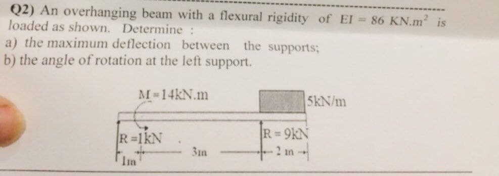 Q2) An overhanging beam with a flexural rigidity of El 86 KN.m is
loaded as shown. Determine:
a) the maximum deflection between
b) the angle of rotation at the left support.
the supports;
M 14kN.m
5kN/m
R-1kN
R 9kN
3m
2 an
Im
