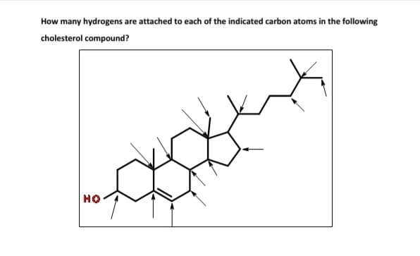 How many hydrogens are attached to each of the indicated carbon atoms in the following
cholesterol compound?
но
