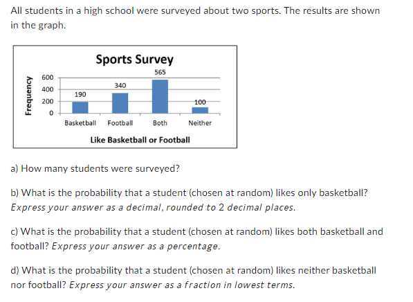 All students in a high school were surveyed about two sports. The results are shown
in the graph.
Frequency
600
400
200
0
190
Sports Survey
565
Basketball
340
Football
Like Basketball or Football
Both
100
Neither
a) How many students were surveyed?
b) What is the probability that a student (chosen at random) likes only basketball?
Express your answer as a decimal, rounded to 2 decimal places.
c) What is the probability that a student (chosen at random) likes both basketball and
football? Express your answer as a percentage.
d) What is the probability that a student (chosen at random) likes neither basketball
nor football? Express your answer as a fraction in lowest terms.