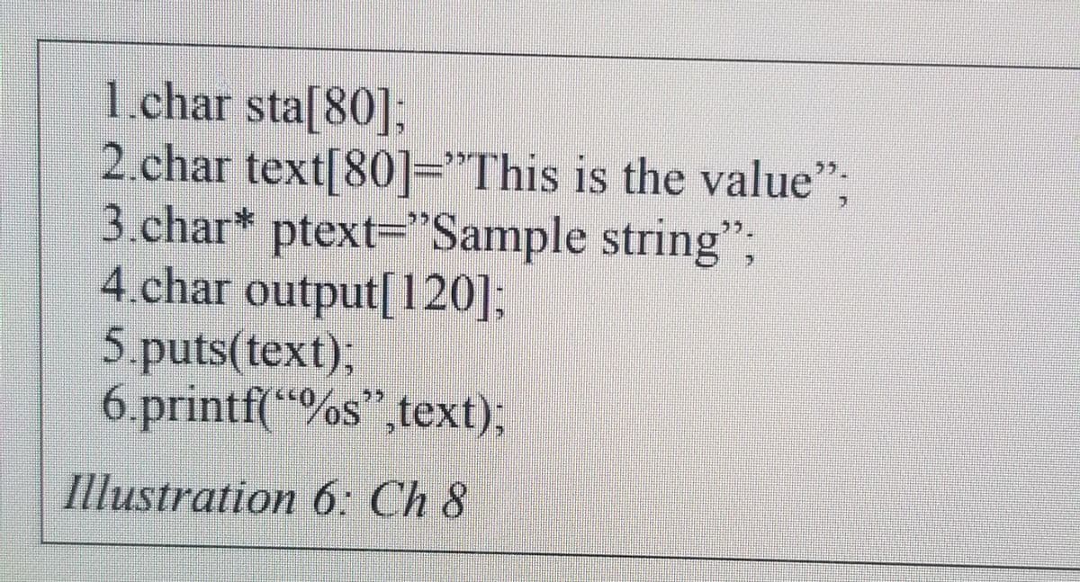 1.char sta[80];
2.char text[80]="This is the value";
3.char* ptext="Sample string";
4.char output[120];
5.puts(text)3B
6.printf(“%s",text);
Illustration 6: Ch 8
