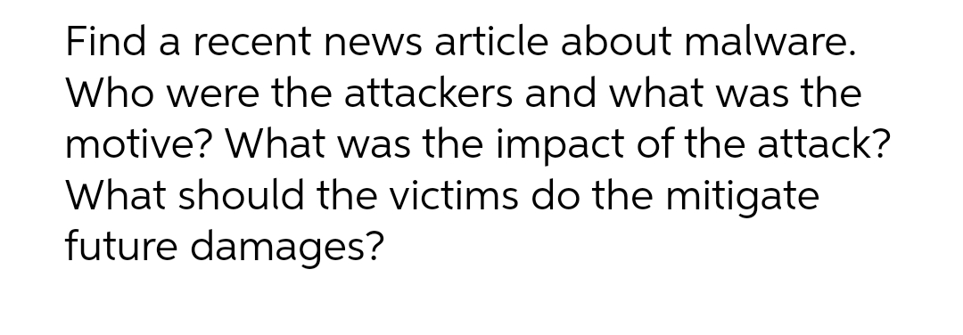 Find a recent news article about malware.
Who were the attackers and what was the
motive? What was the impact of the attack?
What should the victims do the mitigate
future damages?