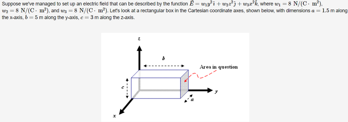 Suppose we've managed to set up an electric field that can be described by the function E = wiyî + w2z²i+ w3x²k, where wi = 8 N/(C. m²),
w2 = 8 N/(C• m²), and w3 = 8 N/(C. m²). Let's look at a rectangular box in the Cartesian coordinate axes, shown below, with dimensions a = 1.5 m along
the x-axis, b = 5 m along the y-axis, c= 3 m along the z-axis.
Area in question
