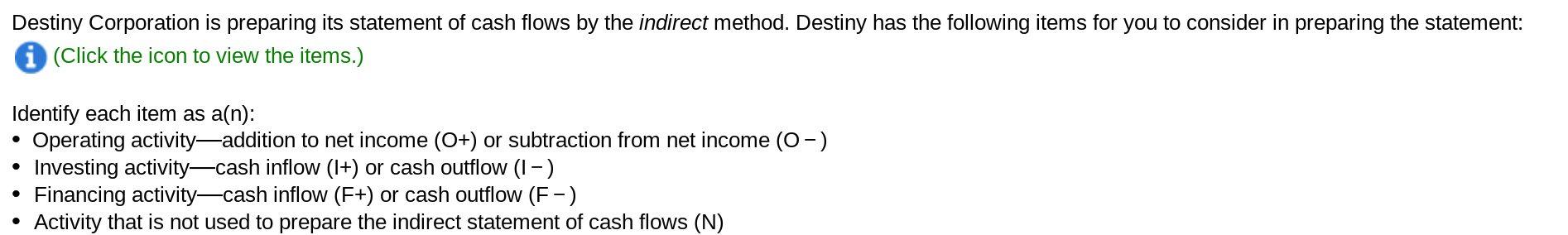 Destiny Corporation is preparing its statement of cash flows by the indirect method. Destiny has the following items for you to consider in preparing the statement:
(Click the icon to view the items.)
Identify each item as a(n):
Operating activity-addition to net income (O+) or subtraction from net income (O-)
Investing activity-cash inflow (I+) or cash outflow (I-)
Financing activity-cash inflow (F+) or cash outflow (F -)
Activity that is not used to prepare the indirect statement of cash flows (N)
