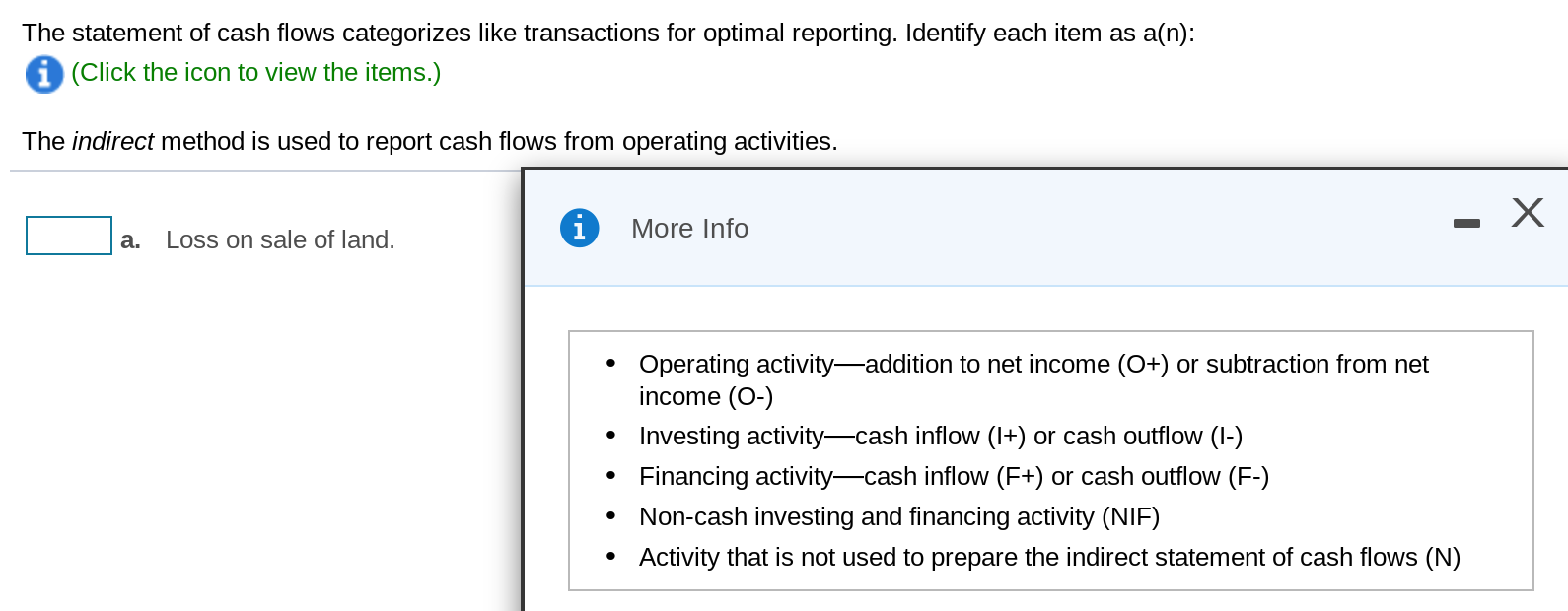 The statement of cash flows categorizes like transactions for optimal reporting. Identify each item as a(n):
(Click the icon to view the items.)
The indirect method is used to report cash flows from operating activities.
a.
Loss on sale of land.
More Info
Operating activity-addition to net income (O+) or subtraction from net
income (O-)
Investing activity-cash inflow (I+) or cash outflow (I-)
Financing activity-cash inflow (F+) or cash outflow (F-)
Non-cash investing and financing activity (NIF)
Activity that is not used to prepare the indirect statement of cash flows (N)

