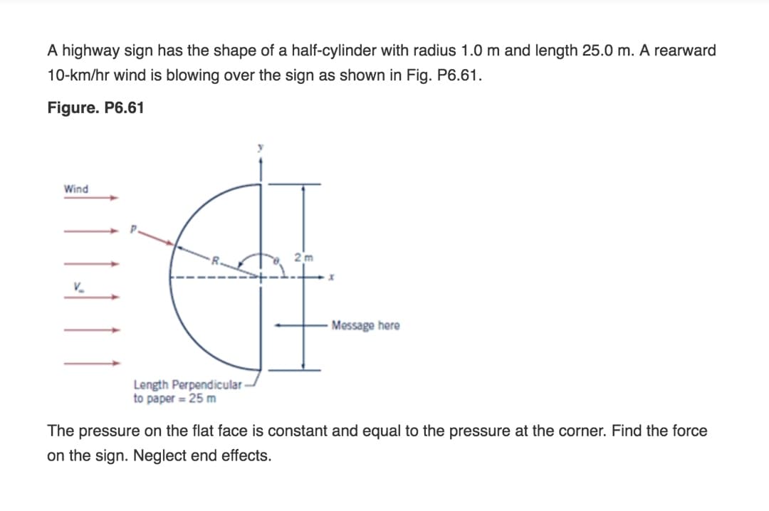 A highway sign has the shape of a half-cylinder with radius 1.0 m and length 25.0 m. A rearward
10-km/hr wind is blowing over the sign as shown in Fig. P6.61.
Figure. P6.61
Wind
V.
Message here
Length Perpendicular -
to paper = 25 m
The pressure on the flat face is constant and equal to the pressure at the corner. Find the force
on the sign. Neglect end effects.
